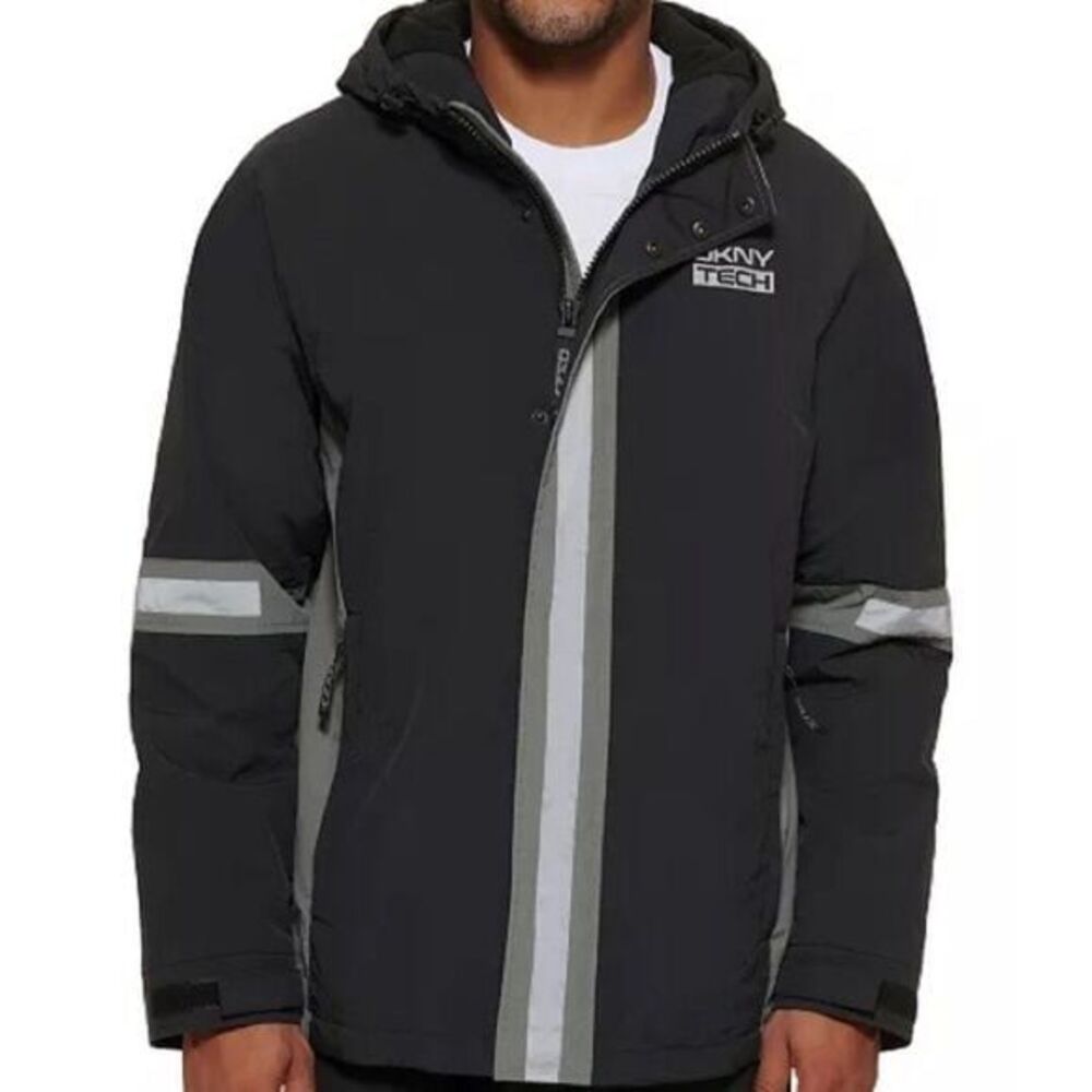 New DKNY Men's Colorblocked Tech Hooded Jacket black, gray, M